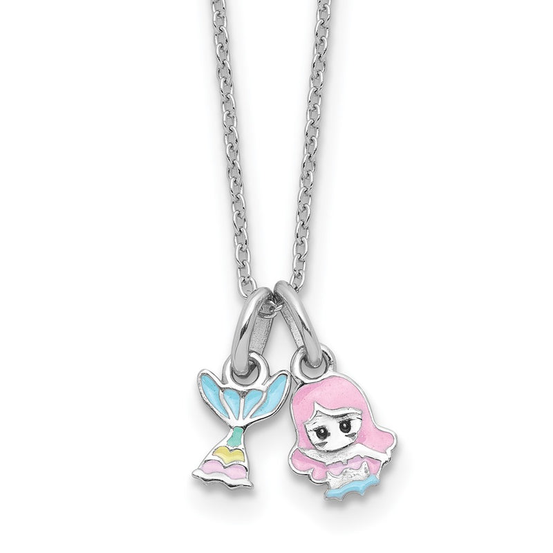 Sterling Silver Rhodium Plated Multi-Color Enamel Mermaid Children's Necklace