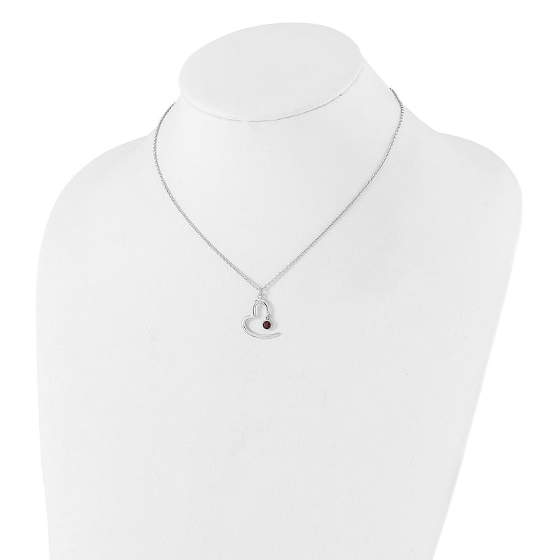 Sterling Silver Rhod-Pltd Open Heart .06 Garnet 16in w/2in Ext Necklace