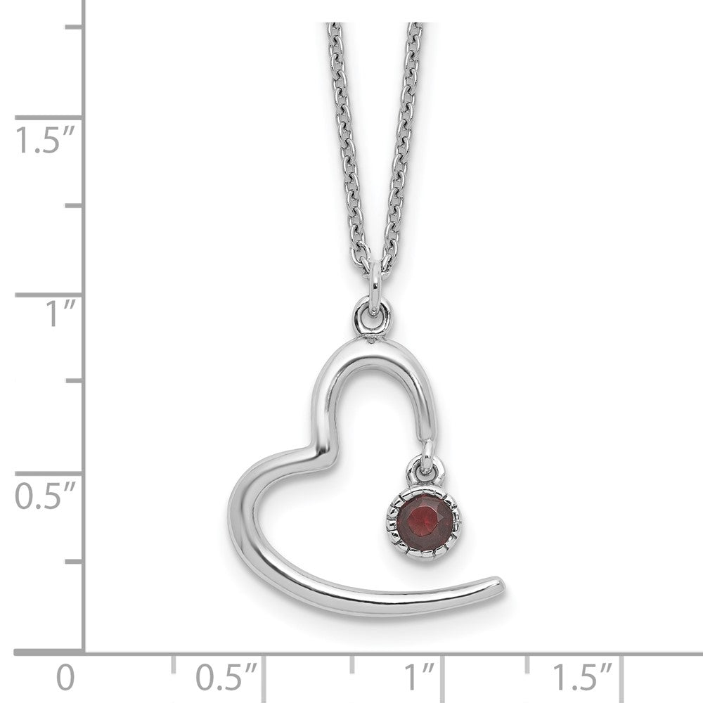 Sterling Silver Rhod-Pltd Open Heart .06 Garnet 16in w/2in Ext Necklace
