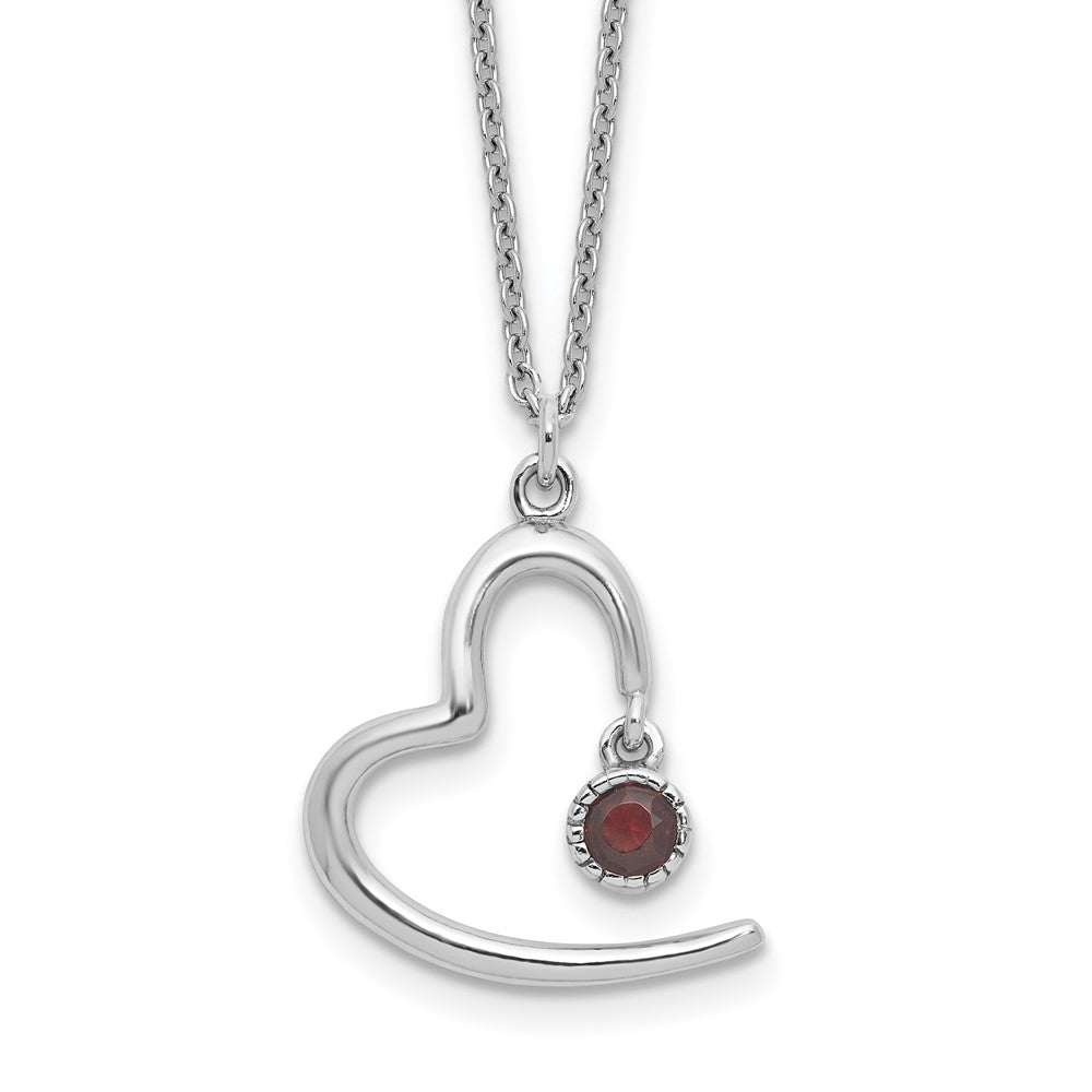 Sterling Silver Rhod-Pltd Open Heart .06 Garnet 16in w/2in Ext Necklace