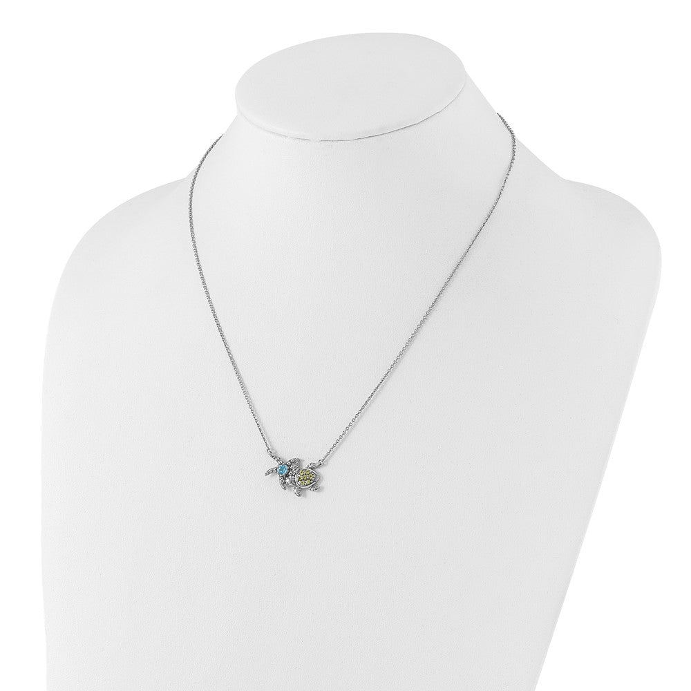 Sterling Silver Rh-Pl Peridot and Lt Swiss Blue Topaz Turtle Starfish Neckl