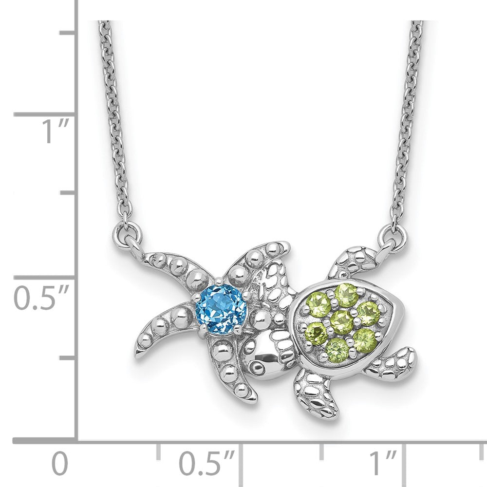 Sterling Silver Rh-Pl Peridot and Lt Swiss Blue Topaz Turtle Starfish Neckl