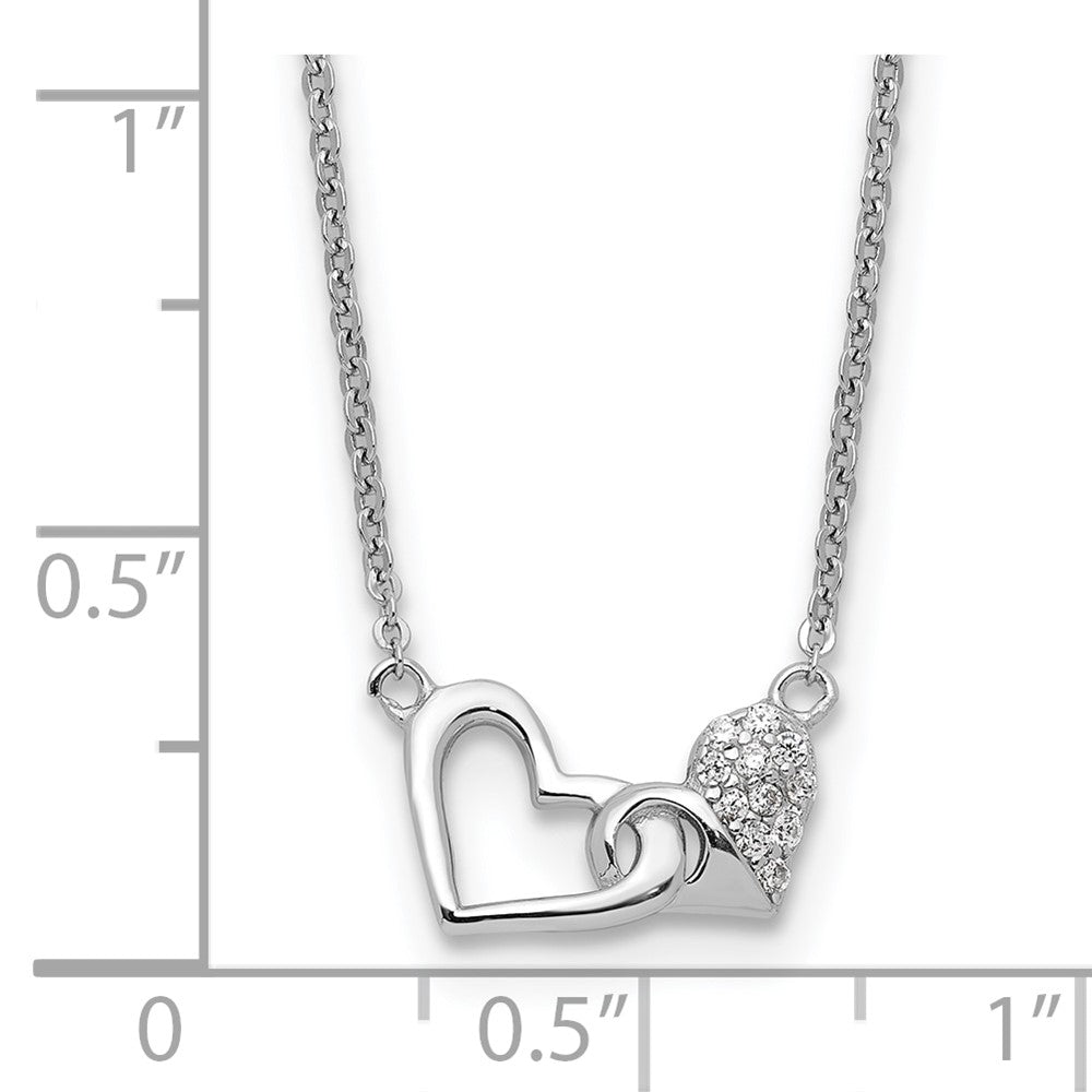 Sterling Silver Rhodium-Plated CZ Double Heart 16IN Plus 2IN Ext Necklace