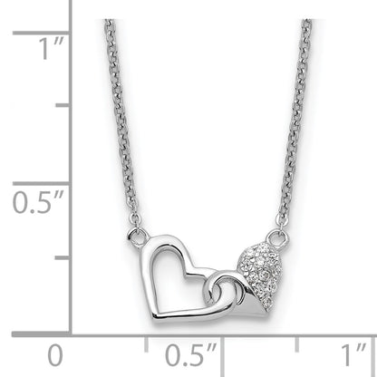 Sterling Silver Rhodium-Plated CZ Double Heart 16IN Plus 2IN Ext Necklace