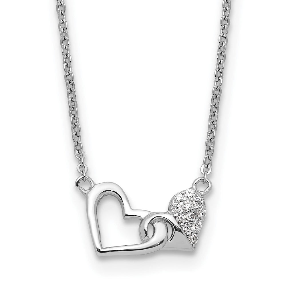 Sterling Silver Rhodium-Plated CZ Double Heart 16IN Plus 2IN Ext Necklace