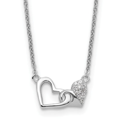 Sterling Silver Rhodium-Plated CZ Double Heart 16IN Plus 2IN Ext Necklace