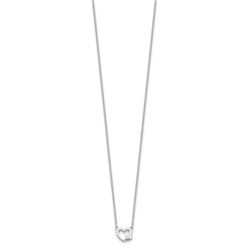 Sterling Silver E-Coating CZ Heart 16in w/2in Ext Necklace
