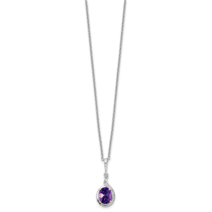 Sterling Silver/14K Rhodium Plated Amethyst/diamond 18in w/2in Ext Necklace