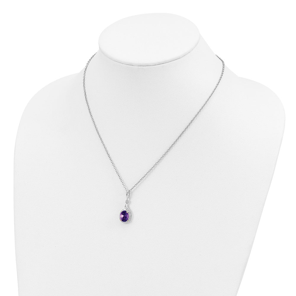 Sterling Silver/14K Rhodium Plated Amethyst/diamond 18in w/2in Ext Necklace