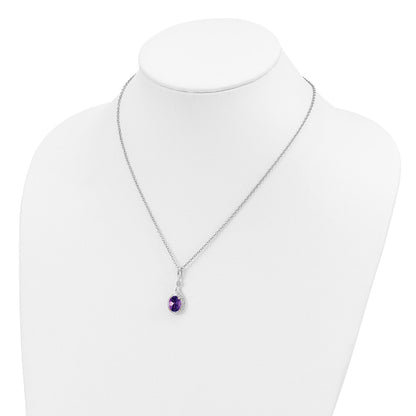 Sterling Silver/14K Rhodium Plated Amethyst/diamond 18in w/2in Ext Necklace