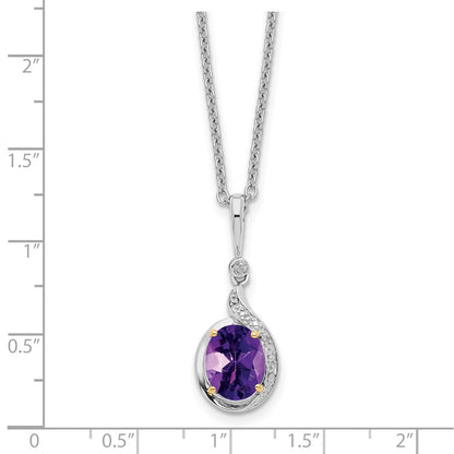 Sterling Silver/14K Rhodium Plated Amethyst/diamond 18in w/2in Ext Necklace