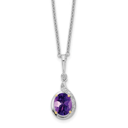 Sterling Silver/14K Rhodium Plated Amethyst/diamond 18in w/2in Ext Necklace