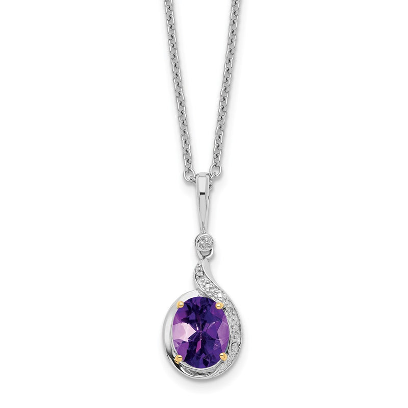 Sterling Silver/14K Rhodium Plated Amethyst/diamond 18in w/2in Ext Necklace