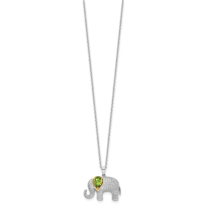 Sterling Silver/14K Rh-Pltd Peridot/dia. Elephant 18in w/2in Ext Necklace