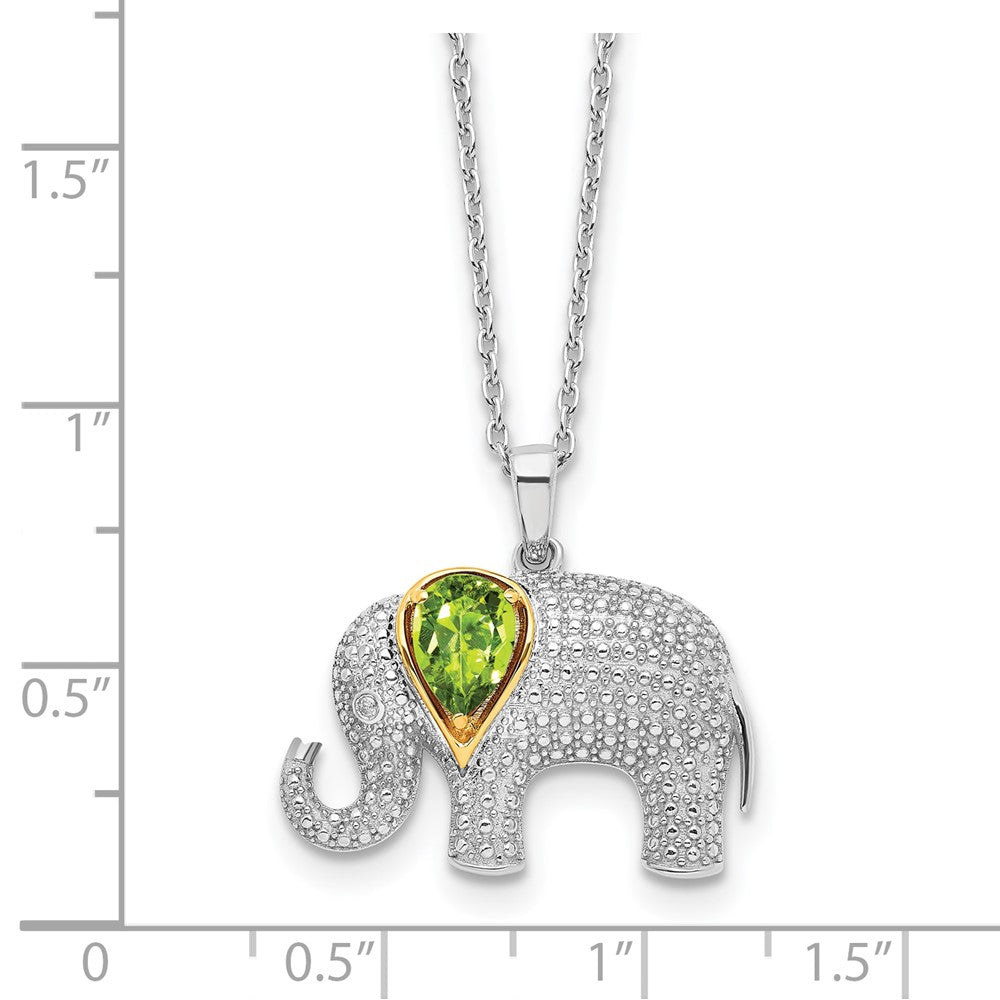 Sterling Silver/14K Rh-Pltd Peridot/dia. Elephant 18in w/2in Ext Necklace