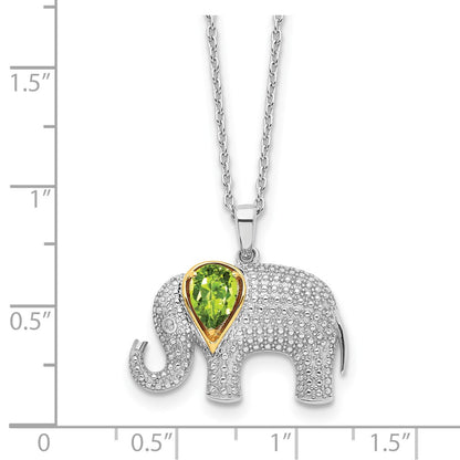 Sterling Silver/14K Rh-Pltd Peridot/dia. Elephant 18in w/2in Ext Necklace
