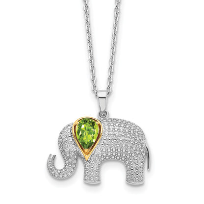 Sterling Silver/14K Rh-Pltd Peridot/dia. Elephant 18in w/2in Ext Necklace