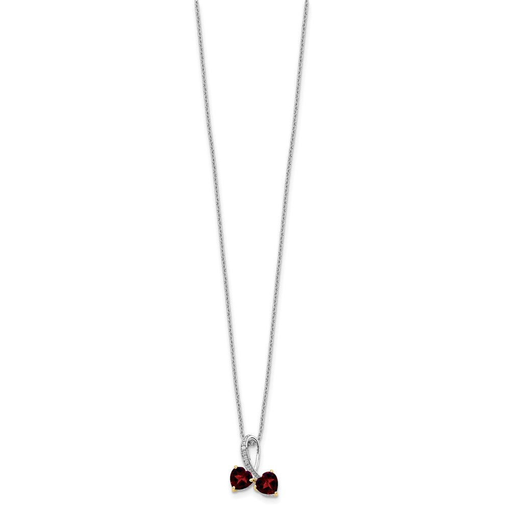 Sterling Silver/14K Rhodium Plated Garnet/diamond Heart 18in w/2in Ext Necklace