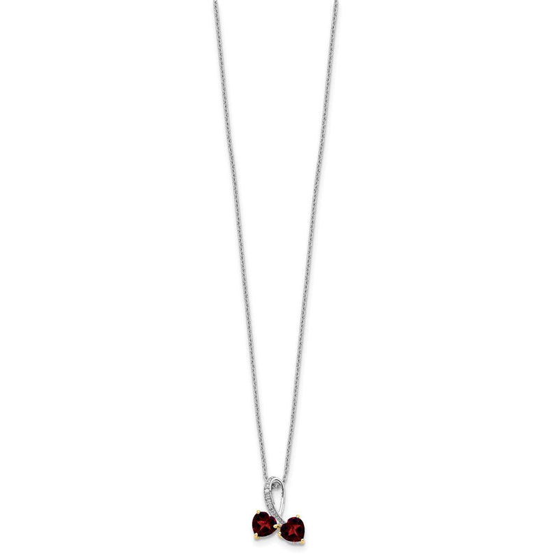 Sterling Silver/14K Rhodium Plated Garnet/diamond Heart 18in w/2in Ext Necklace