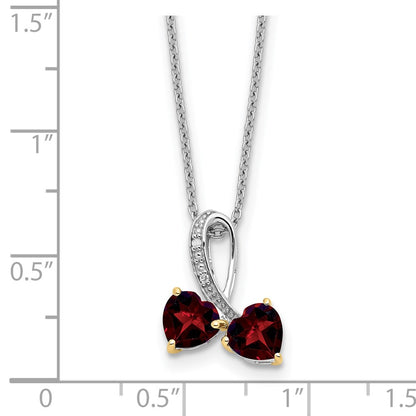 Sterling Silver/14K Rhodium Plated Garnet/diamond Heart 18in w/2in Ext Necklace