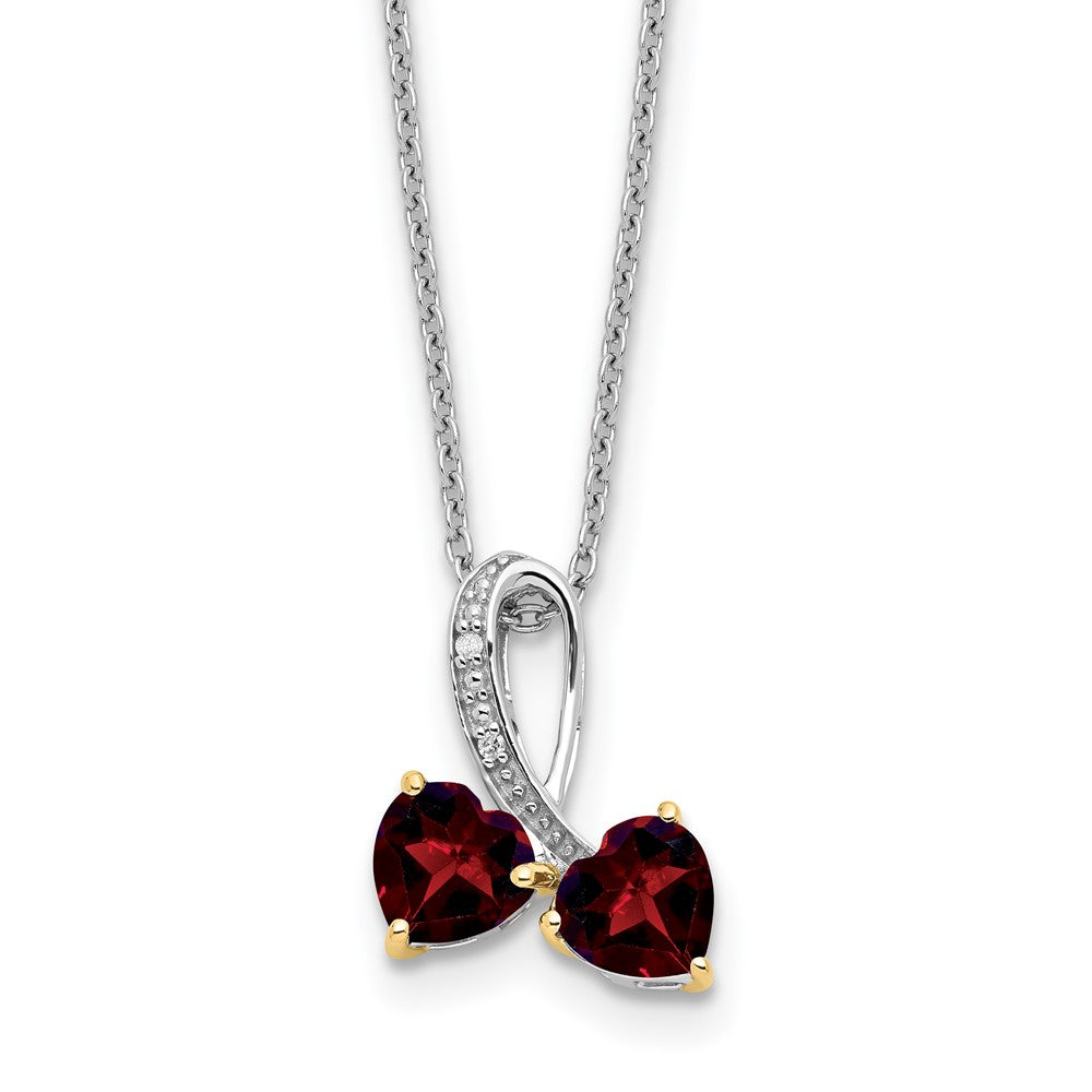 Sterling Silver/14K Rhodium Plated Garnet/diamond Heart 18in w/2in Ext Necklace