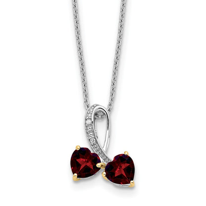 Sterling Silver/14K Rhodium Plated Garnet/diamond Heart 18in w/2in Ext Necklace