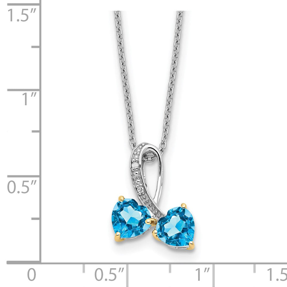 Sterling Silver/14K Rhodium Plated Bl Topaz/diamond Heart 18in w/2in Ext Necklac