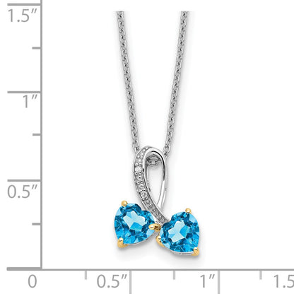 Sterling Silver/14K Rhodium Plated Bl Topaz/diamond Heart 18in w/2in Ext Necklac