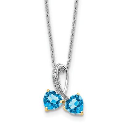 Sterling Silver/14K Rhodium Plated Bl Topaz/diamond Heart 18in w/2in Ext Necklac
