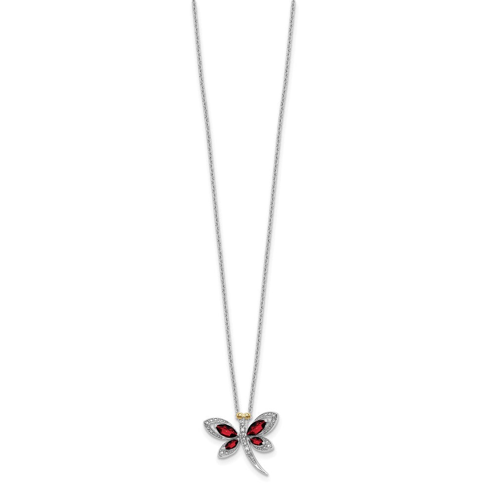 Sterling Silver/14K Rh-Pltd Garnet/dia. Dragonfly 18in w/2 Ext Necklace