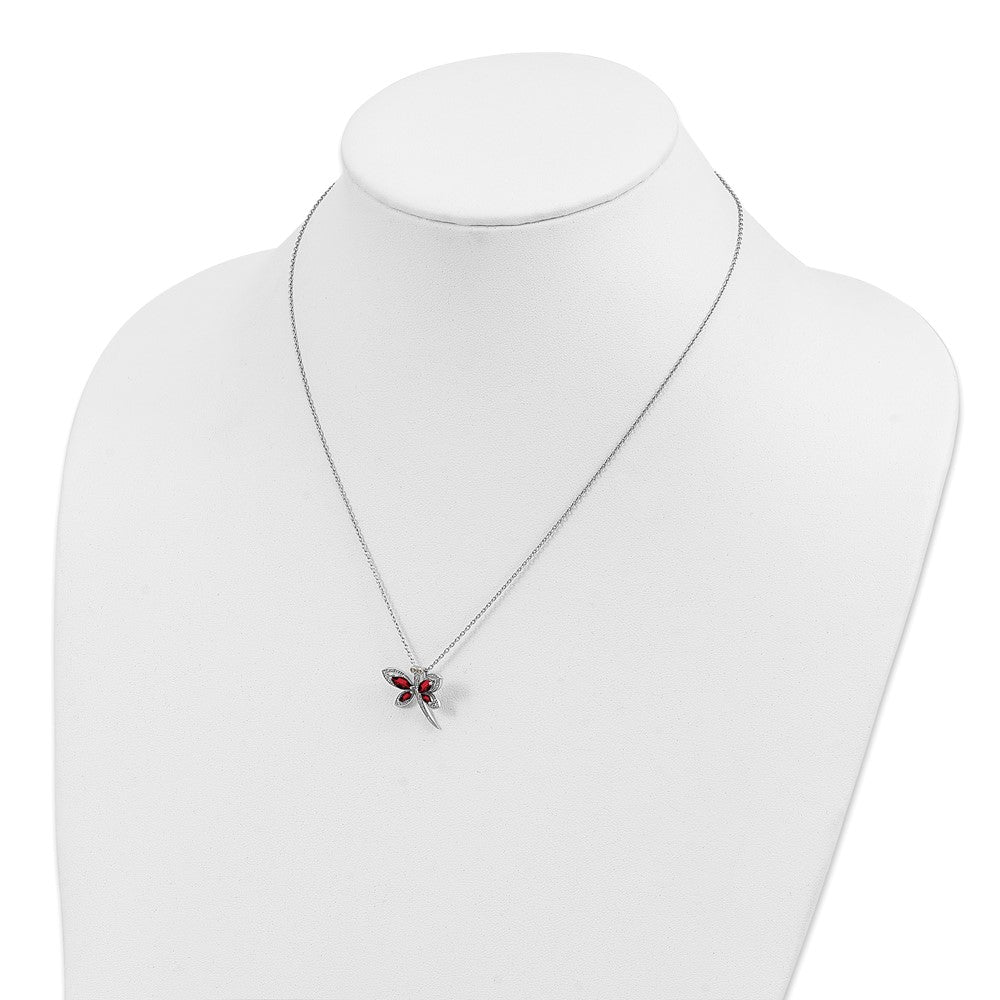 Sterling Silver/14K Rh-Pltd Garnet/dia. Dragonfly 18in w/2 Ext Necklace