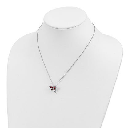 Sterling Silver/14K Rh-Pltd Garnet/dia. Dragonfly 18in w/2 Ext Necklace