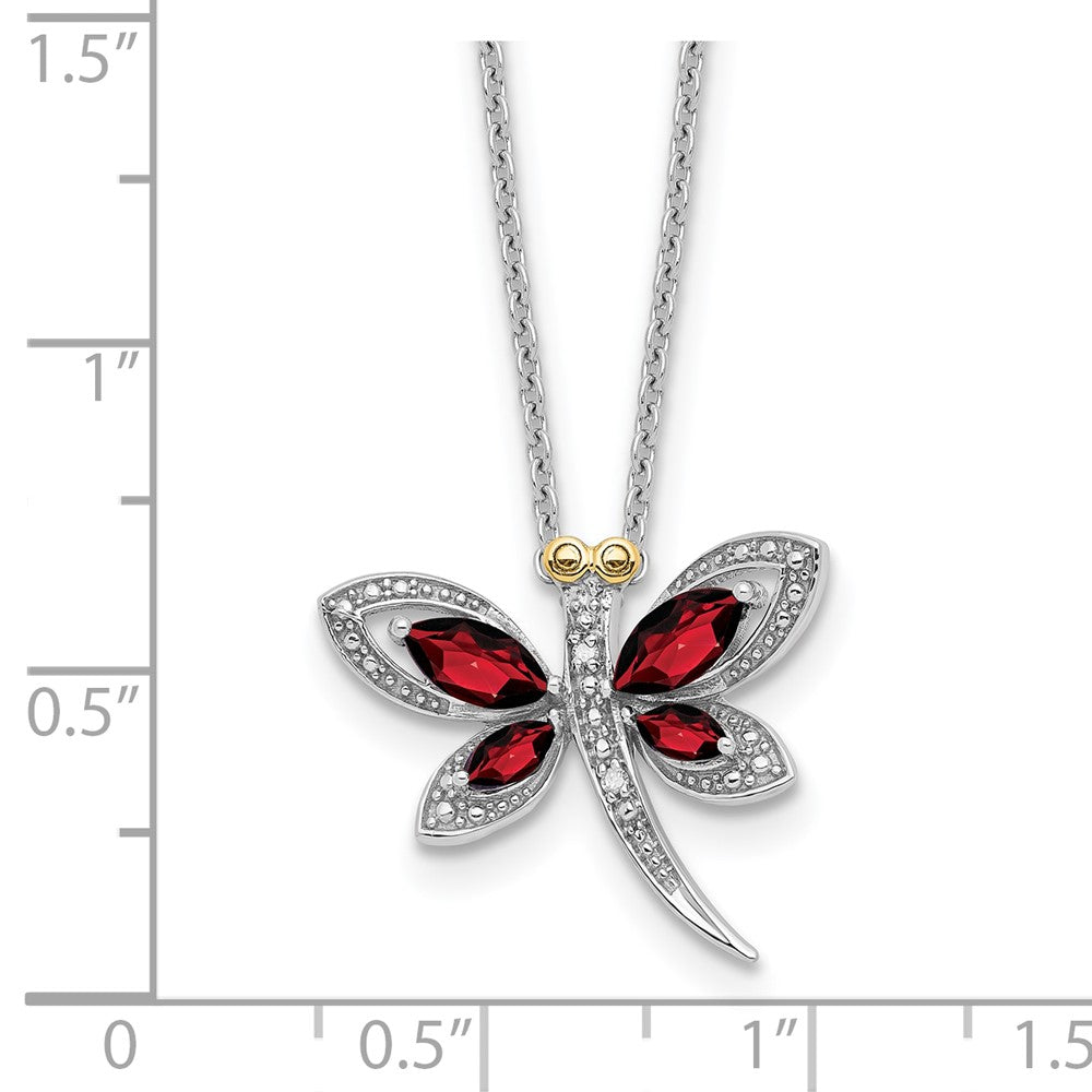 Sterling Silver/14K Rh-Pltd Garnet/dia. Dragonfly 18in w/2 Ext Necklace