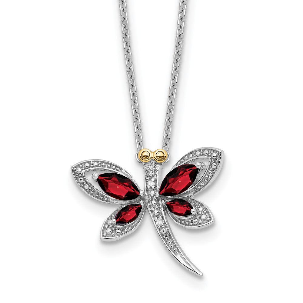 Sterling Silver/14K Rh-Pltd Garnet/dia. Dragonfly 18in w/2 Ext Necklace