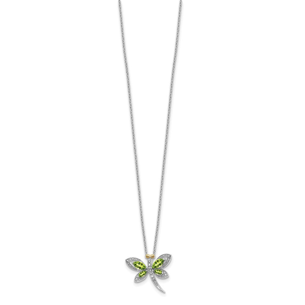 Sterling Silver/14K Rh-Pltd Peridot/dia. Dragonfly 18in w/2 Ext Necklace