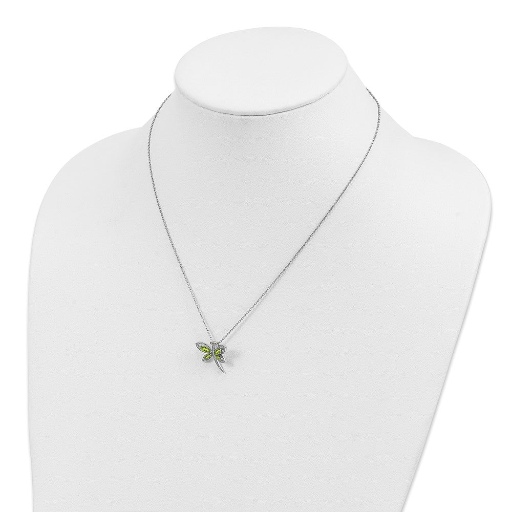 Sterling Silver/14K Rh-Pltd Peridot/dia. Dragonfly 18in w/2 Ext Necklace