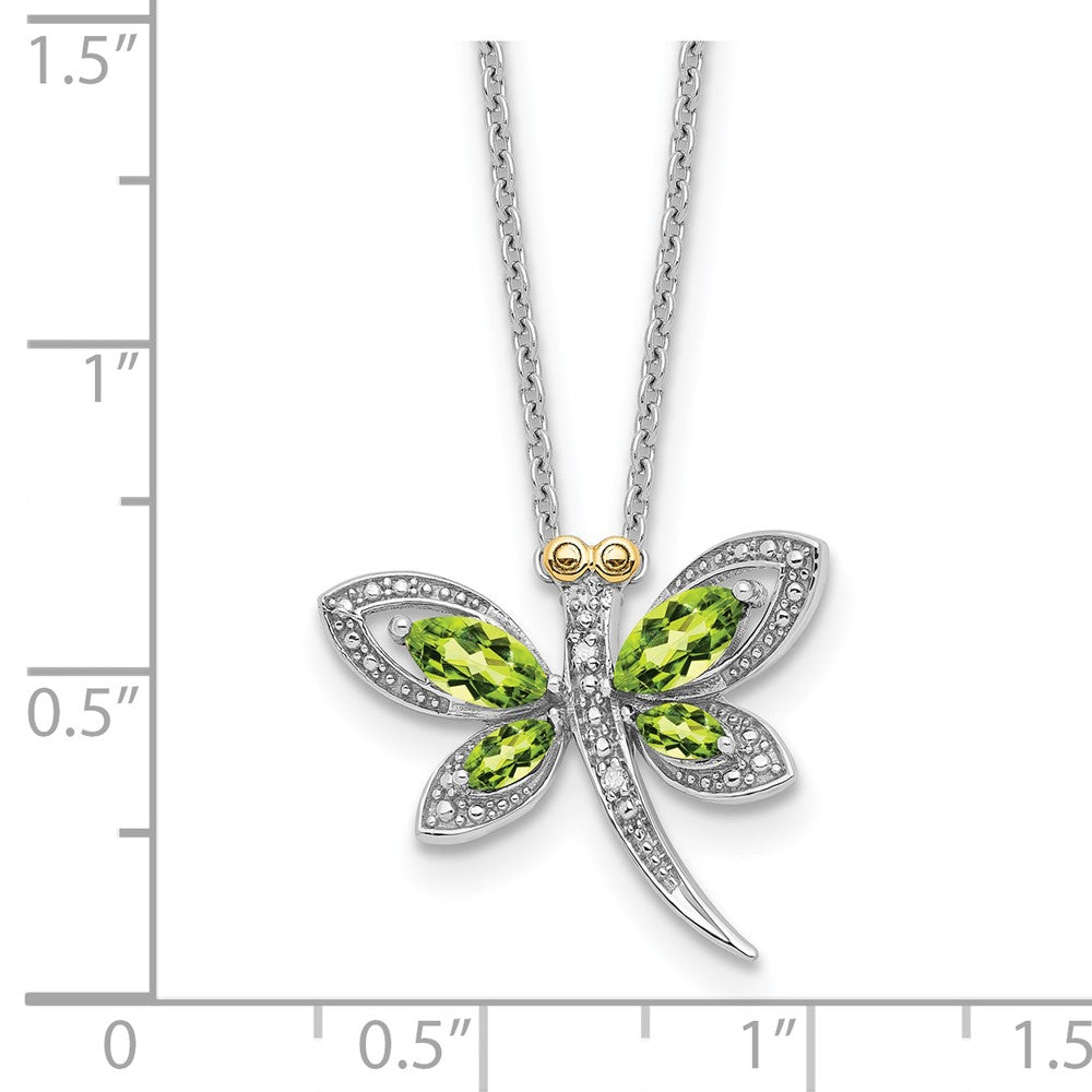 Sterling Silver/14K Rh-Pltd Peridot/dia. Dragonfly 18in w/2 Ext Necklace