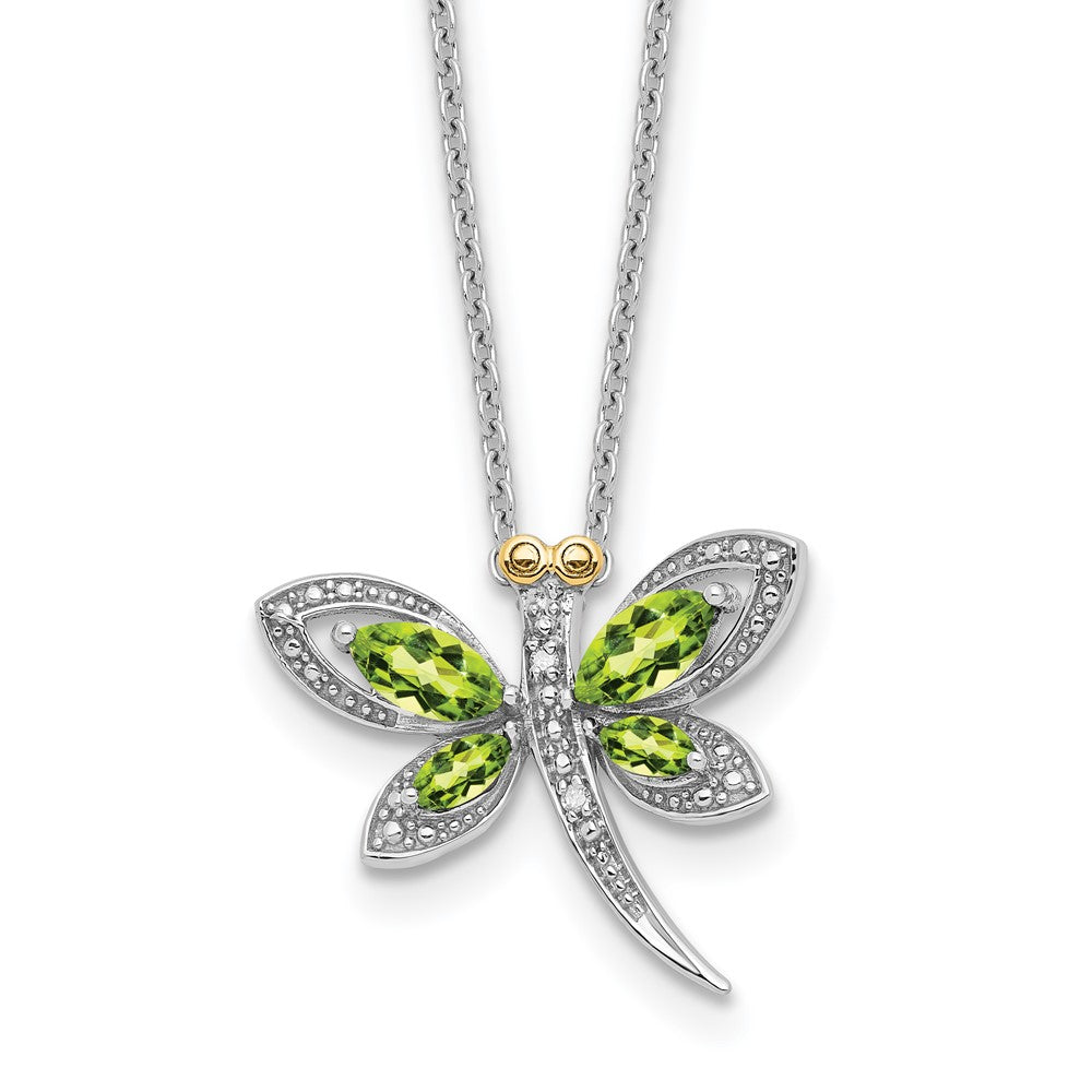 Sterling Silver/14K Rh-Pltd Peridot/dia. Dragonfly 18in w/2 Ext Necklace