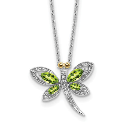 Sterling Silver/14K Rh-Pltd Peridot/dia. Dragonfly 18in w/2 Ext Necklace