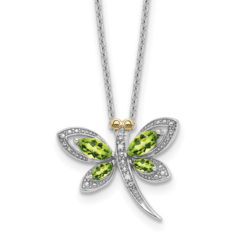 Sterling Silver/14K Rh-Pltd Peridot/dia. Dragonfly 18in w/2 Ext Necklace