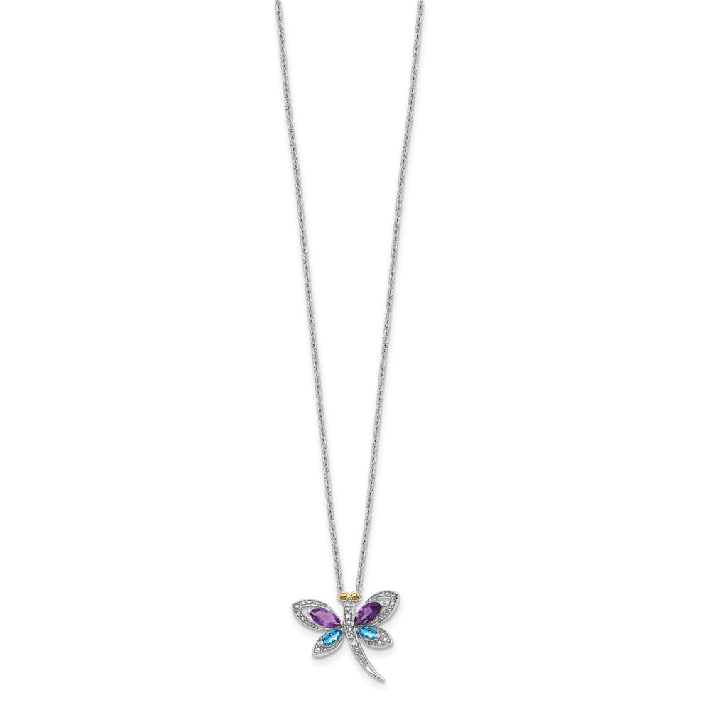 Sterling Silver/14K Rh-Pltd Amy/bl Topaz/dia. Dragonfly 18in Neckla