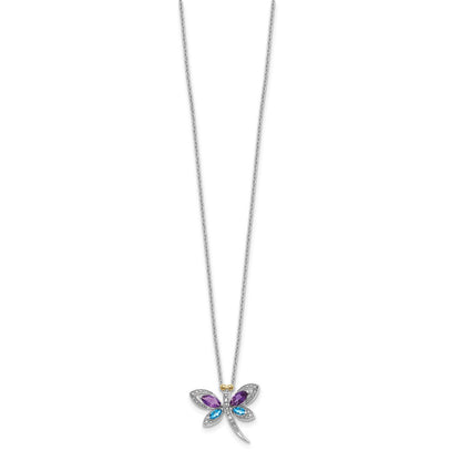 Sterling Silver/14K Rh-Pltd Amy/bl Topaz/dia. Dragonfly 18in Neckla