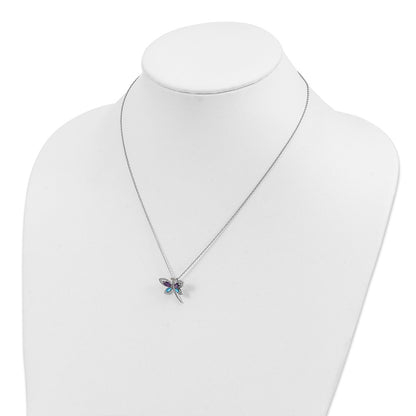 Sterling Silver/14K Rh-Pltd Amy/bl Topaz/dia. Dragonfly 18in Neckla