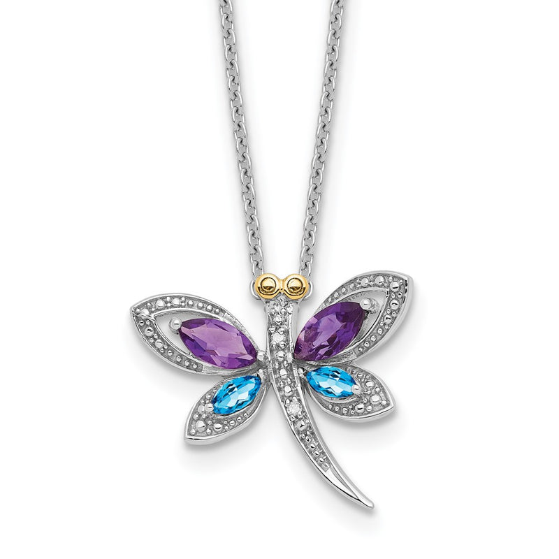 Sterling Silver/14K Rh-Pltd Amy/bl Topaz/dia. Dragonfly 18in Neckla
