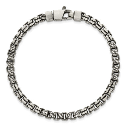 Sterling Silver Black Ruthenium Brushed Fancy Textured Box Chain Men's Bra Bracelet
