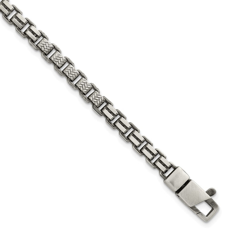 Sterling Silver Black Ruthenium Brushed Fancy Textured Box Chain Men's Bra Bracelet