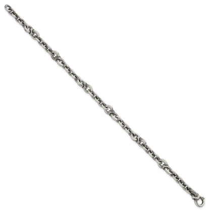 Sterling Silver Black Ruthenium Brushed Fancy Textured Link Men's Chain Bracelet