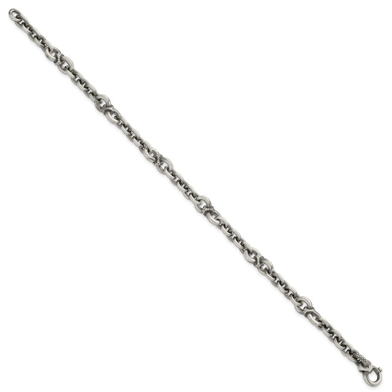 Sterling Silver Black Ruthenium Brushed Fancy Textured Link Men's Chain Bracelet