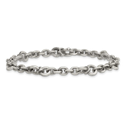 Sterling Silver Black Ruthenium Brushed Fancy Textured Link Men's Chain Bracelet
