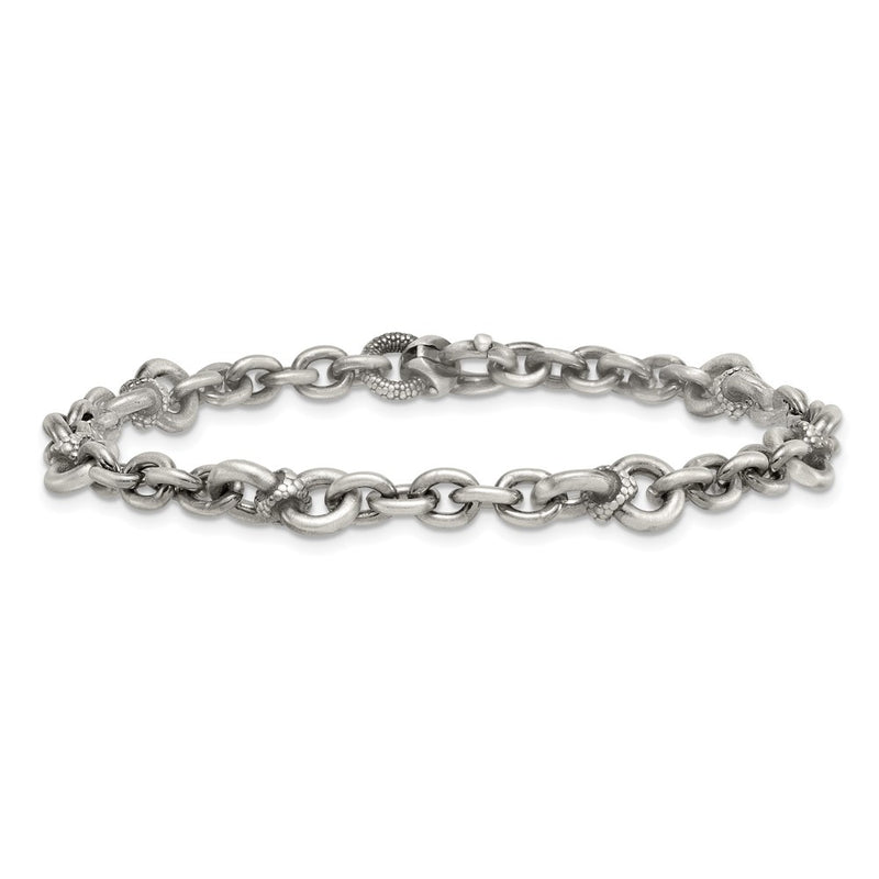 Sterling Silver Black Ruthenium Brushed Fancy Textured Link Men's Chain Bracelet